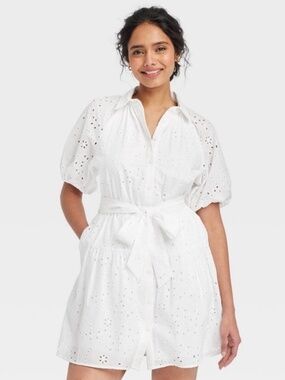A New Day- Eyelet Balloon Elbow Sleeve Mini Shirtdress- Medium
